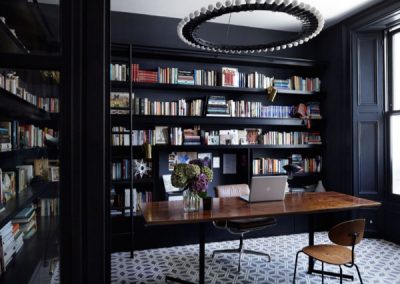 Black Panel Library & Home Study With Light Feature In Black Hanging Iron Or Steel.