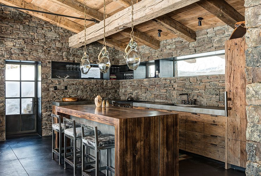 rock on wood kitchen design