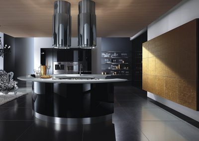 Curved Gloss Island Kitchen With Side Golden or Decor Finished Storage Cabinets.