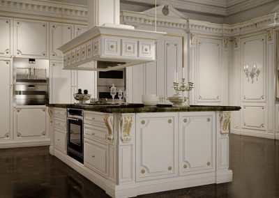 Gold Leaf Finished Charlotte Rochester Royale Kitchen Island & Cabinetry.