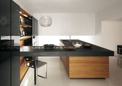Contemporary Warm Oak Cabinetry, Island & Feature Gloss Black Tall Cabinetry.