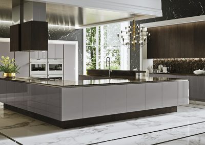 Lacquered High Gloss Feature Island Kitchen In White Or Clients Choice of Colour Palette.