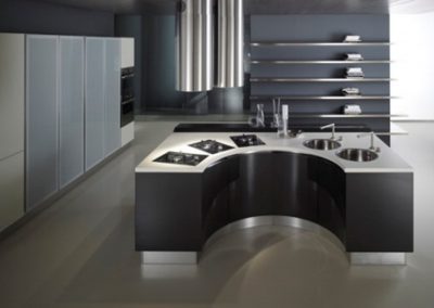 Steel Topped Curved Island Kitchen.