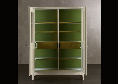 Luxury Italian Cabinet In White Linen, Leather & Fabric Doors Open.