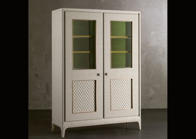Luxury Italian Cabinet In White Linen, Leather & Fabric.