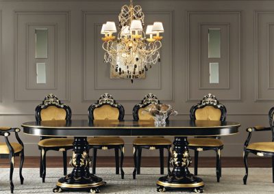 Regal Ornate Dining Table in Black With Chalk Mustard Chairs.