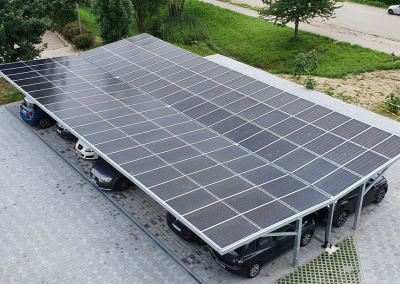 External Multi Carport Solar With Cars Birdseye View.