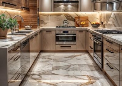 Gloss & Light Zebrano Kitchen With Marble Finishes.